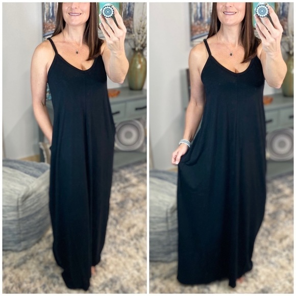❤️‍🔥RESTOCKED V-Neck Pocket Spaghetti Maxi Dress Black 1022 - Picture 1 of 12